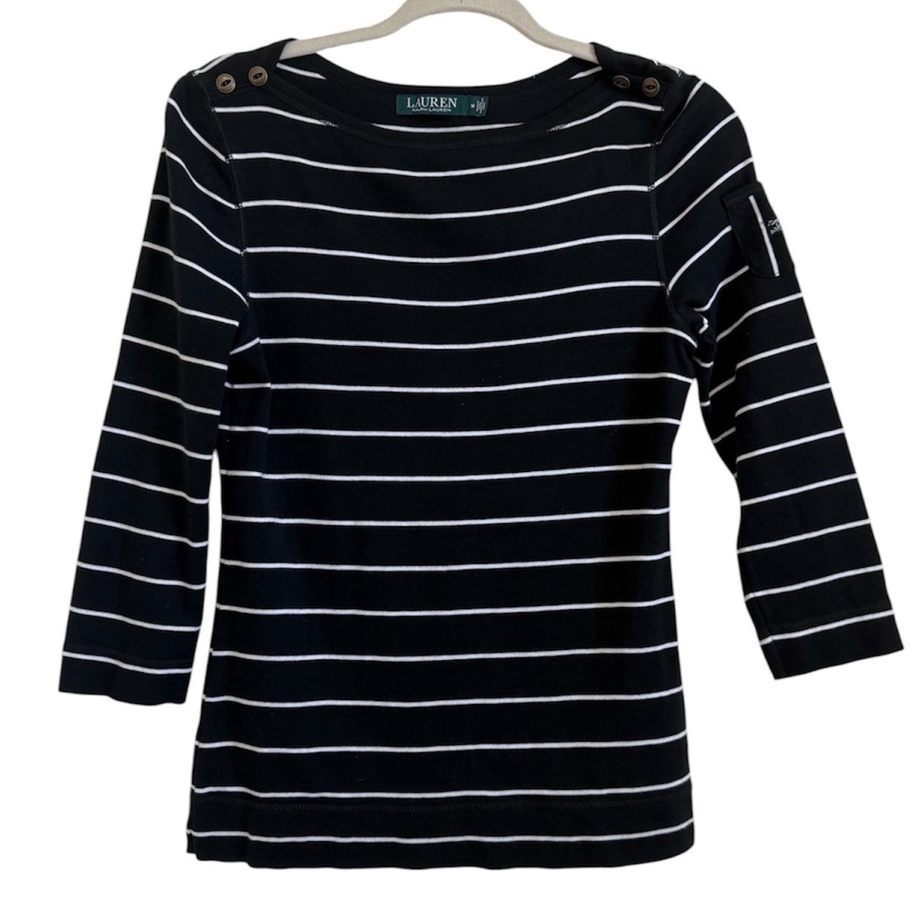 Lauren Ralph Lauren Striped Boat Neck Top Black White Button Shoulder Size M